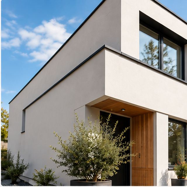 Buitengevel stucwerk bij een moderne woning in Oost-Souburg