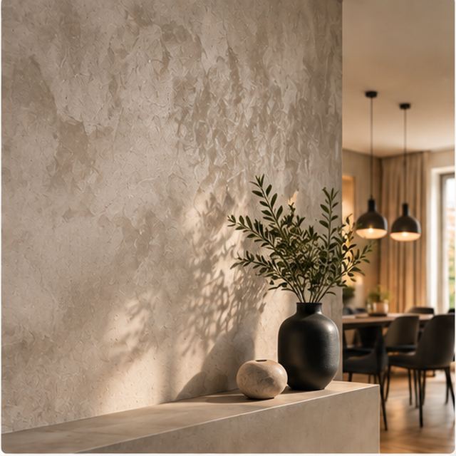 Decoratieve sierpleister afwerking in een woonkamer in Zeeland